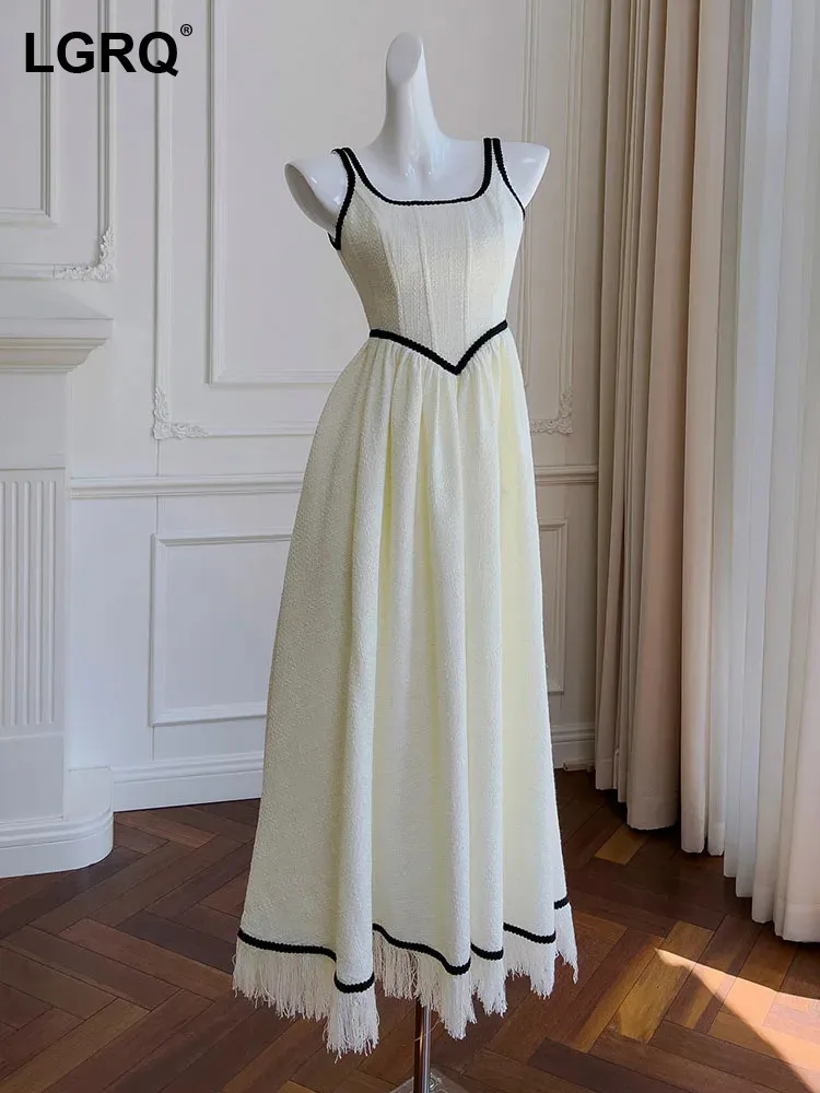 

LGRQ Women's Dress Contrast Color Spliced High Waist Tweed Sling Hem Tassel Design Elegant Dresses 2024 New Clothing 3WQ7507