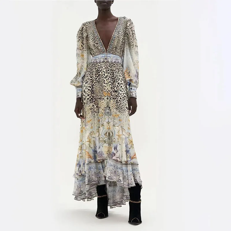Women Chiffon Sexy V-Neck Leopard Print Long Dress Elegant Long Lantern Sleeves Fashion Irregular Hem Maxi Beach Style Dresses
Women Chiffon Sexy V-Neck Leopard Print Long Dress Elegant Long Lantern Sleeves Fashion Irregular Hem Maxi Beach Style Dresses