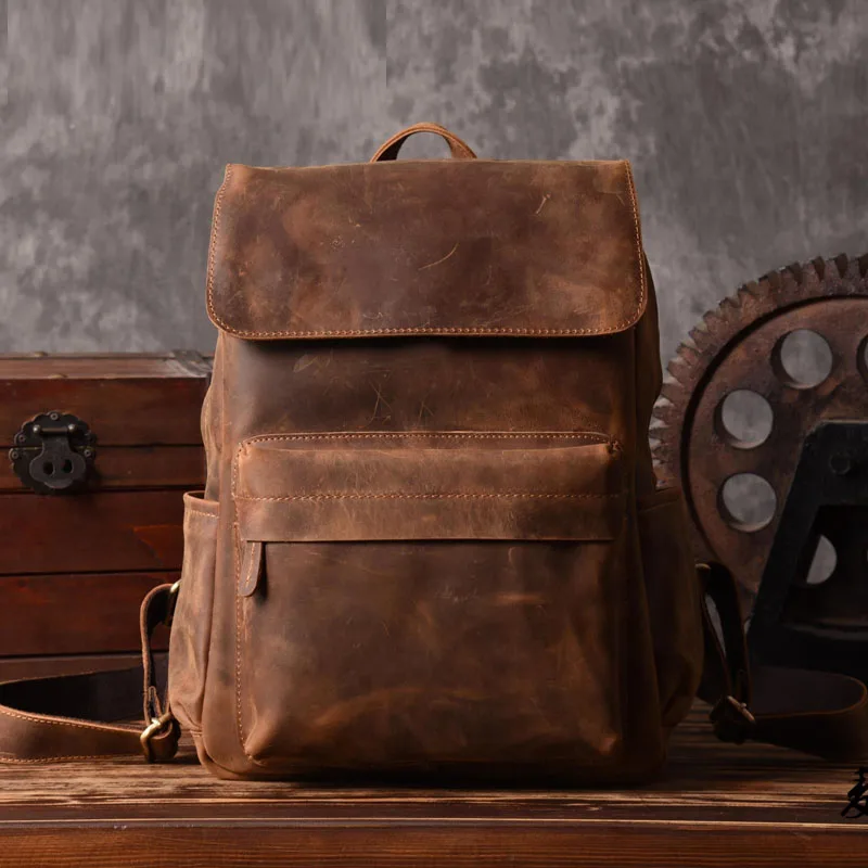 

Vintage Crazy horse Genuine Leather Men's Backpack Bag mochila Male Bagpack Leather Hiking Rucksack School Daypack Laptop Case