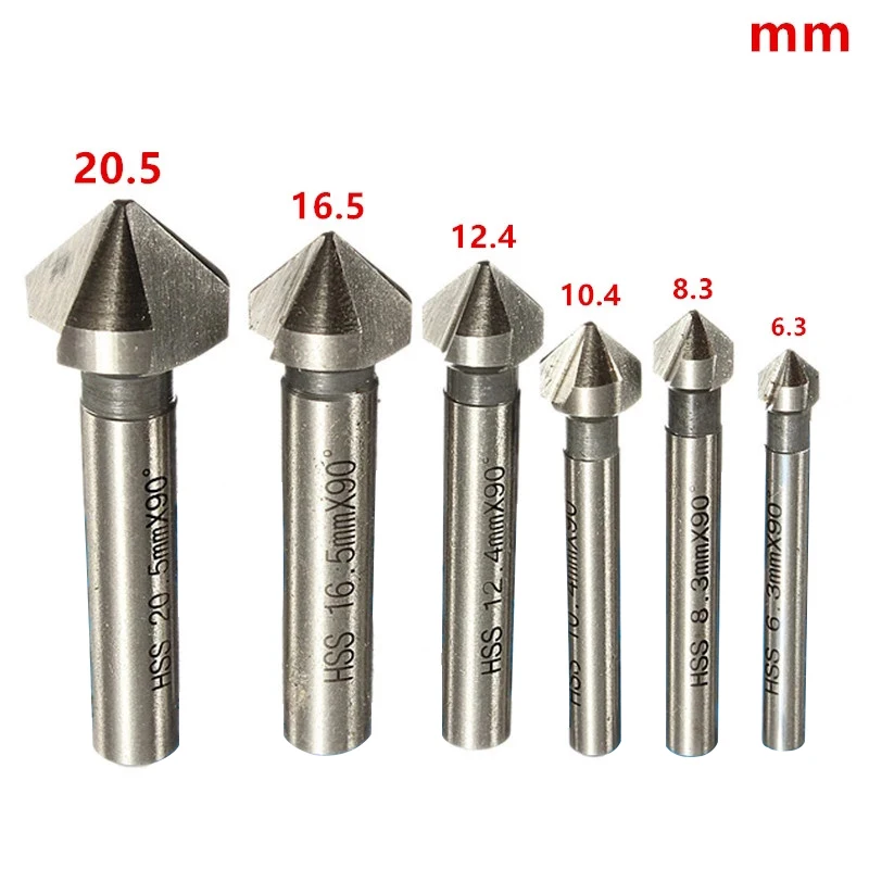 6Pcs 3 Flute 90 Degree HSS Chamfering Cutter End Mill Tool Round Shank Countersink Deburring Drill Bit Set 6.3-20.5mm
6Pcs 3 Flute 90 Degree HSS Chamfering Cutter End Mill Tool Round Shank Countersink Deburring Drill Bit Set 6.3-20.5mm
