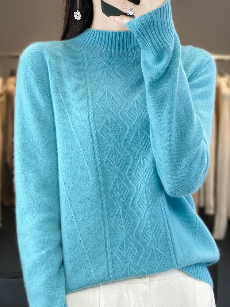 

Women Mock-neck Grace Pullover Sweater Autumn Winter Warm Soft 100% Merino Wool Knitwear Korean Fashion Casual Jumpers 2023 New