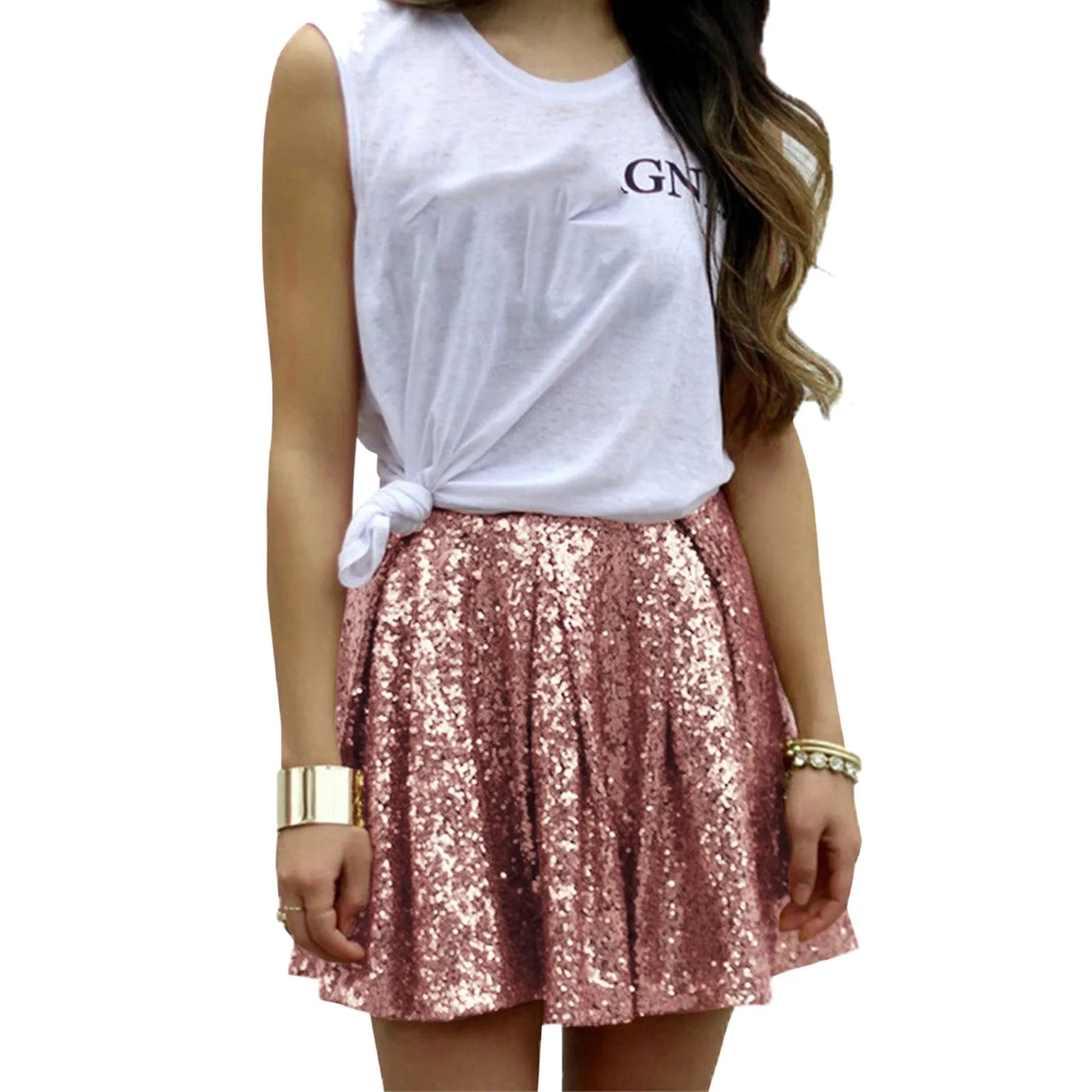 

Sequined Pleated Skirt A-line High Waisted Solid Color Mini Skirts Casual Sexy New Fashion Streetwear Summer Woman Faldas 2024