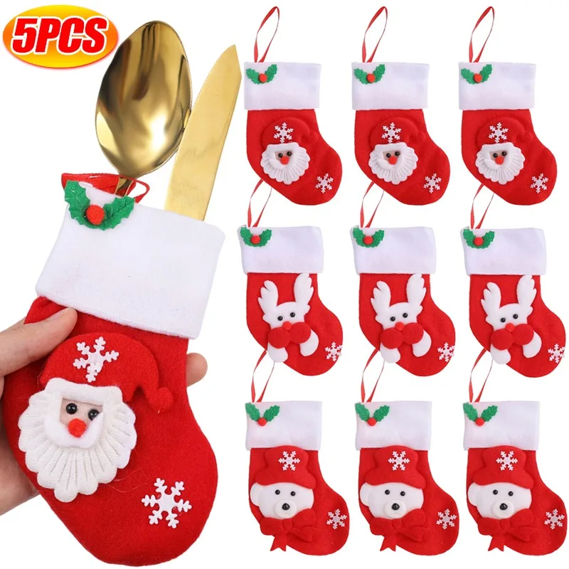 

5/1PCS Christmas Sock Knife and Fork Cover Xmas Tree Decoration Ornaments Pendant 2024 New Year Candy Bag Santa Claus Gift Socks