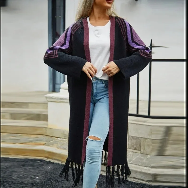 Casual Loose striped patchwork knit Long cardigan for autumn and winter Women's Coats with tassels Long Sleeves cardigan jacket
Casual Loose striped patchwork knit Long cardigan for autumn and winter Women's Coats with tassels Long Sleeves cardigan jacket