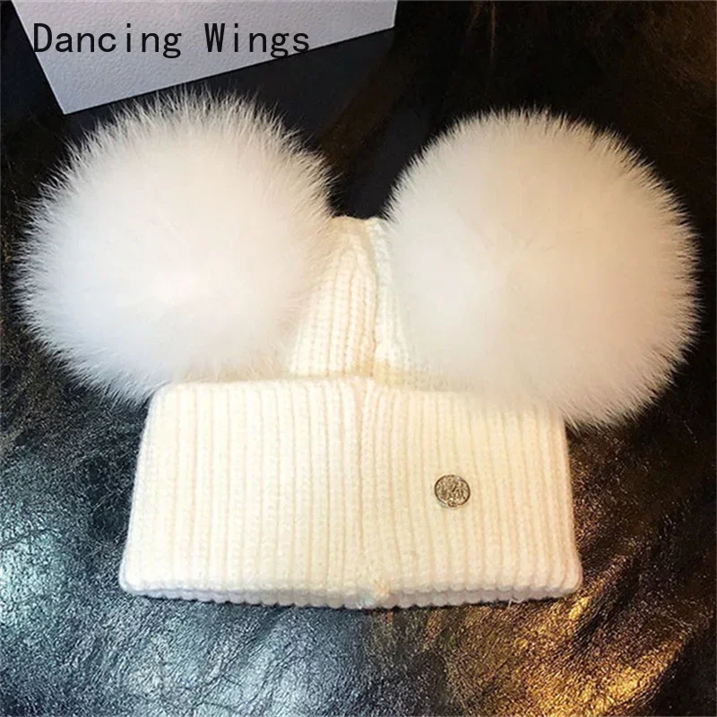 

women's winter real fox fur wool knit hat baby cap beanie with 2 two double pom poms pompom ears funny hat