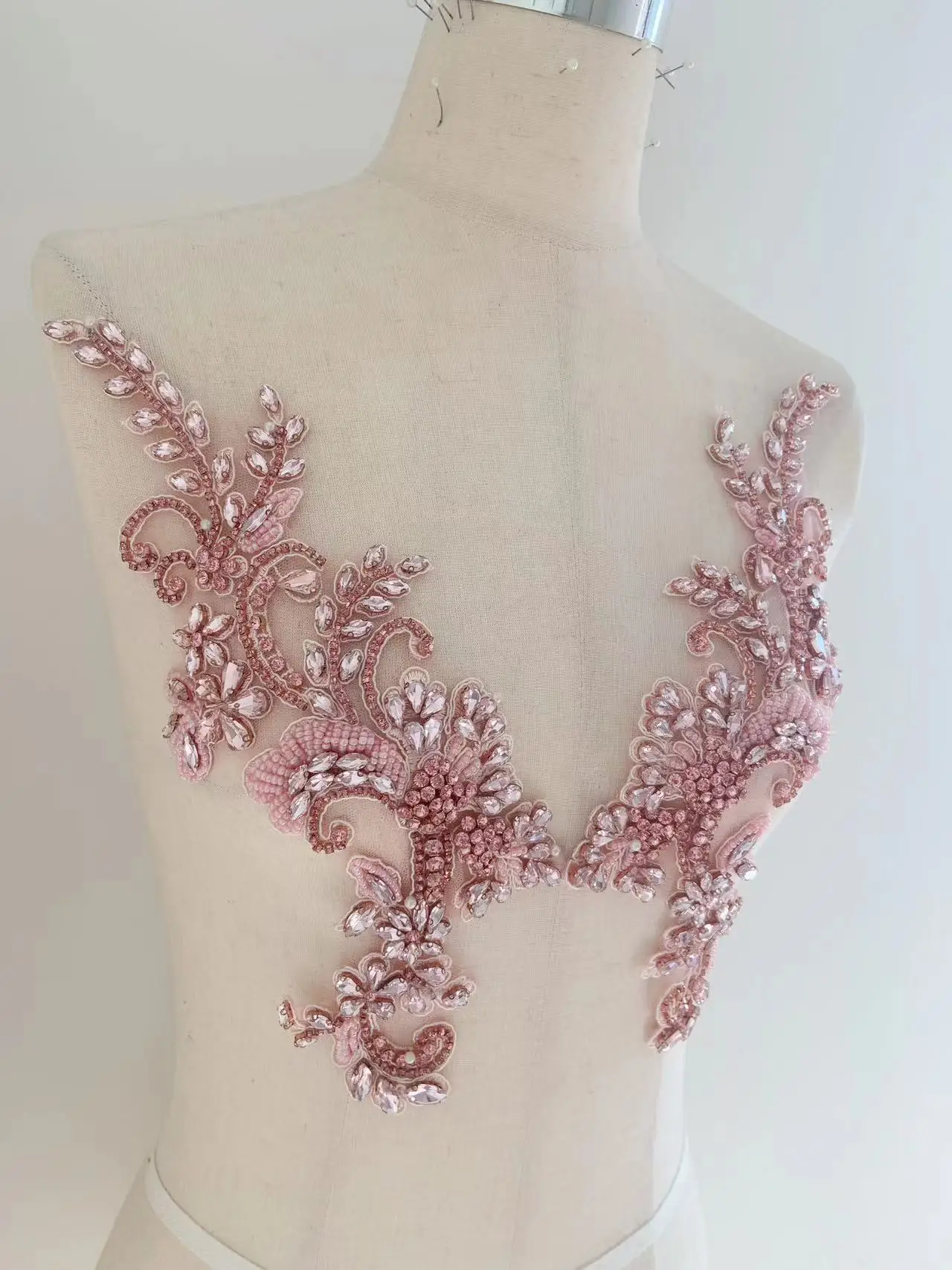 

1 Pair Pink Rhinestone Flower Beaded Applique Crystal Bodice Patch for Couture,Ball Gown,Wedding Dress,DIY Sewing Decor