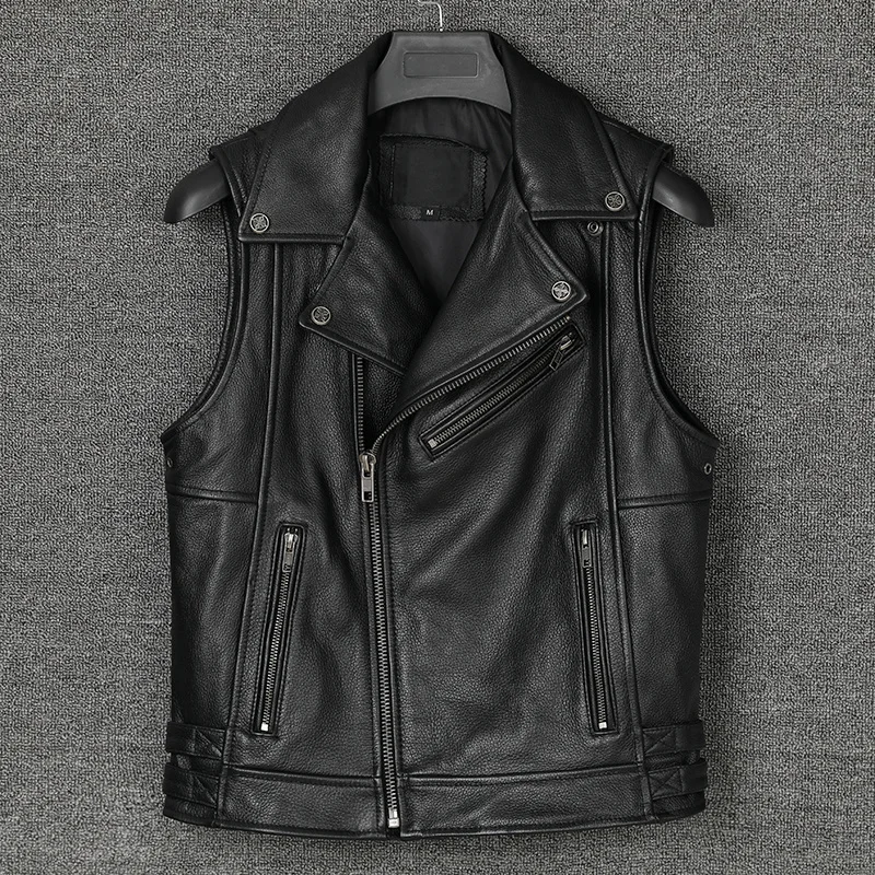 New Genuine Cowhide Leather Vest Men's Oblique Zipper Motorcycle Biker Vests Stand Collar Sleeveless Jackets Waistcoat
New Genuine Cowhide Leather Vest Men's Oblique Zipper Motorcycle Biker Vests Stand Collar Sleeveless Jackets Waistcoat