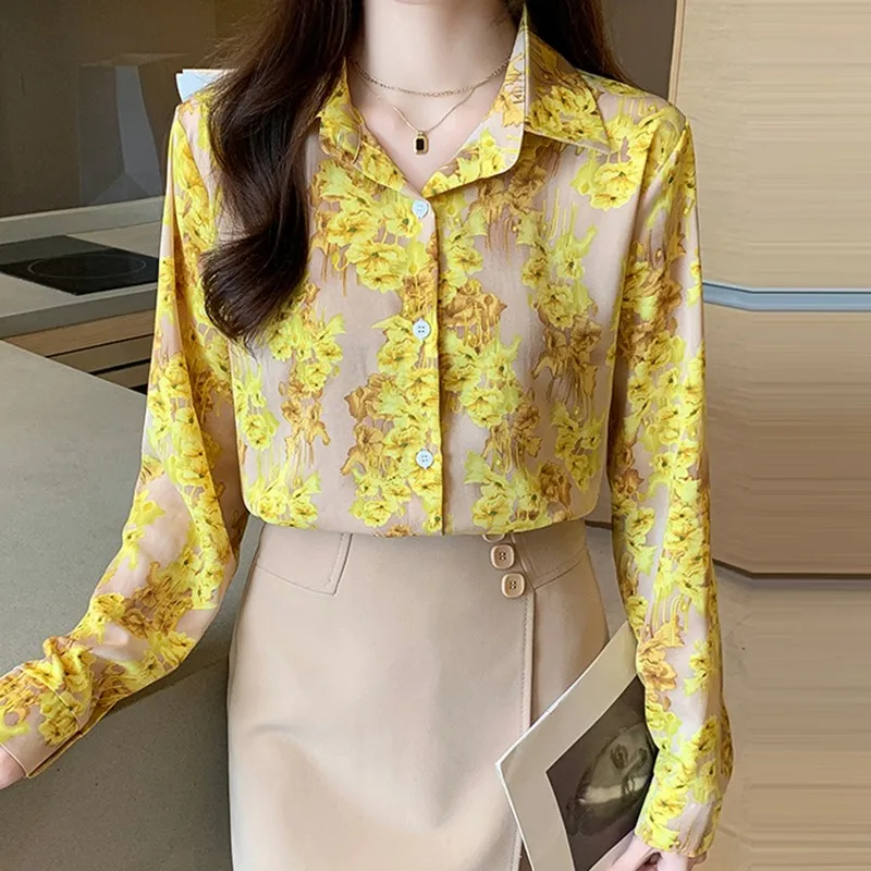 

Женская Повседневная рубашка с длинным рукавом, Новое поступление 2024, весенние винтажные Топы в Корейском стиле с цветочным принтом, женские элегантные Рабочие Рубашки, W1489