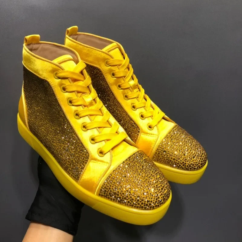 

High Top Yellow Suede Leather Diamond Red Bottom Shoes For Men Wedding Crystal Casual Flats Loafers Sneaker Women Driving Spikes