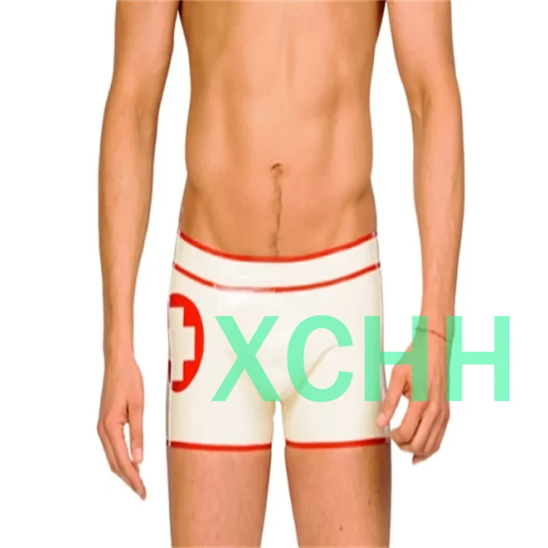 

Сексуальные латексные шорты-боксеры с красной отделкой, резиновое нижнее белье для мужчин