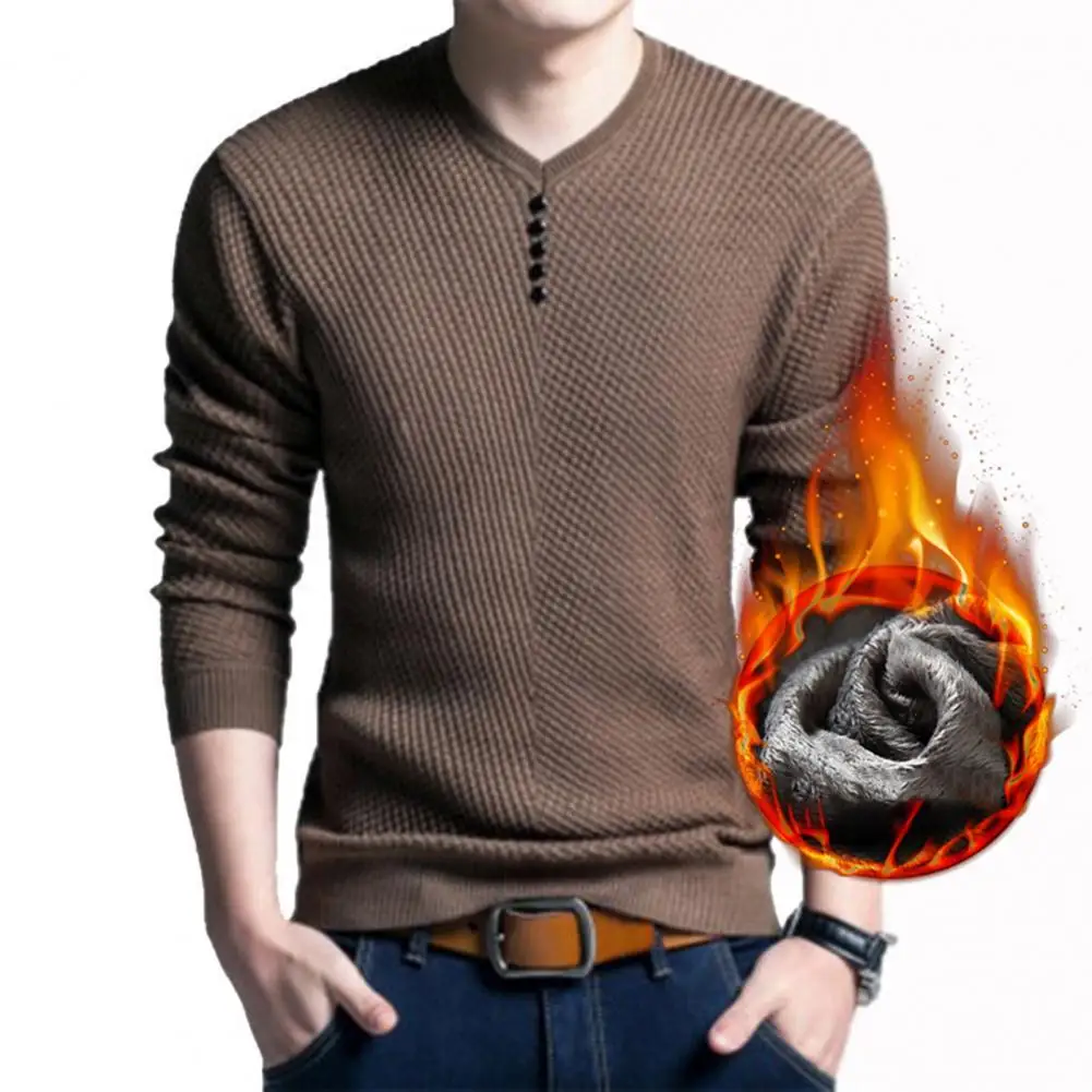 Men Pullover Sweater Stylish Men's V-neck Knitwear Warm Fleece Lining Button Decor Solid Color for Autumn Winter Thickened
Men Pullover Sweater Stylish Men's V-neck Knitwear Warm Fleece Lining Button Decor Solid Color for Autumn Winter Thickened