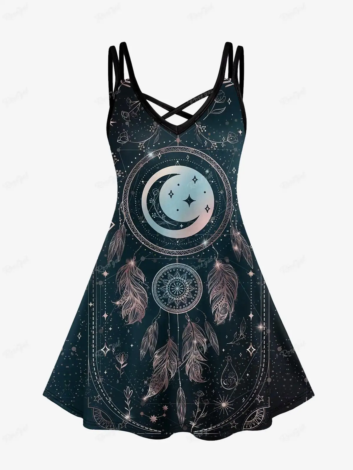 

ROSEGAL Plus Size Gothic Crisscross Cami Dress Dreamcatcher Graphic Moon Star Print Casual Dresses Vestidos