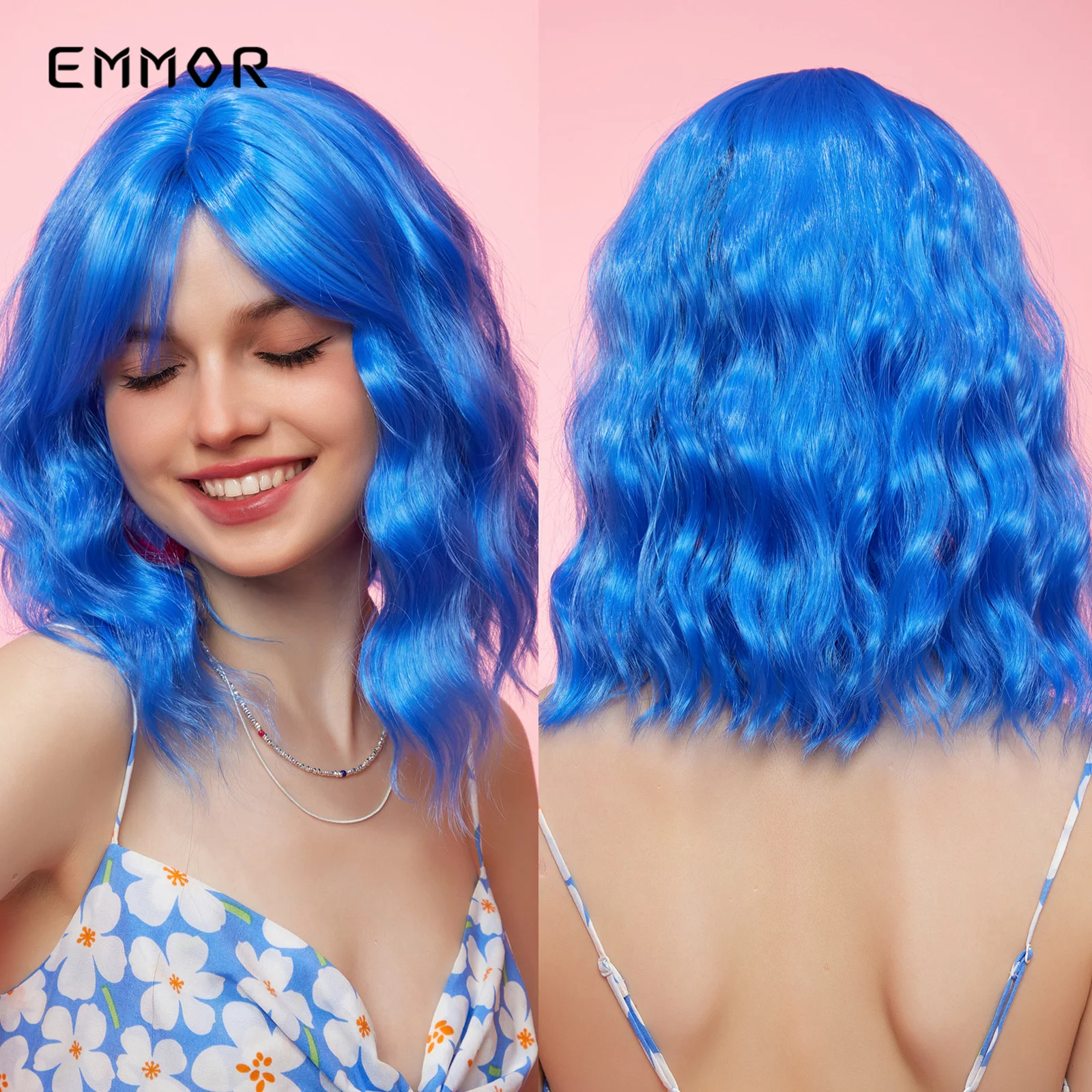 

Emmor синие короткие волнистые синтетические парики на Рождество средней длины натуральные вьющиеся волосы боб парик с челкой косплей термостойкие волосы
