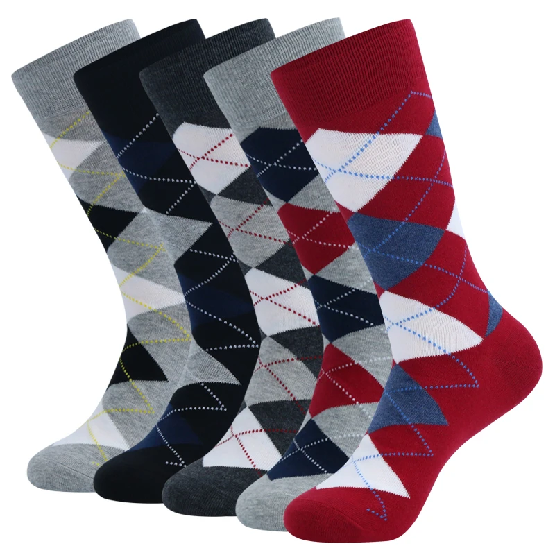 

5 Pairs Mens Argyle Dress Socks Plus Size，High Quality Combed Cotton Crew Socks，Black Cool Breathable Casual Socks for men