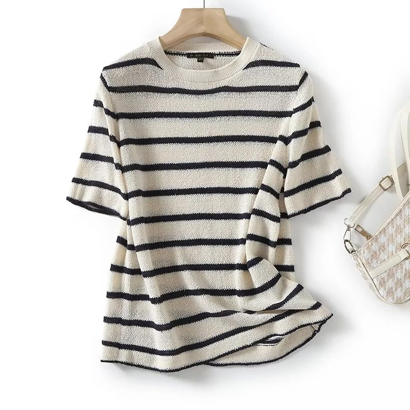 

Dave&Di French Lazy Style Fashion Commuter Striped Casual Texture Summer T-Shirt Women Basic Round Neck Top Ladies