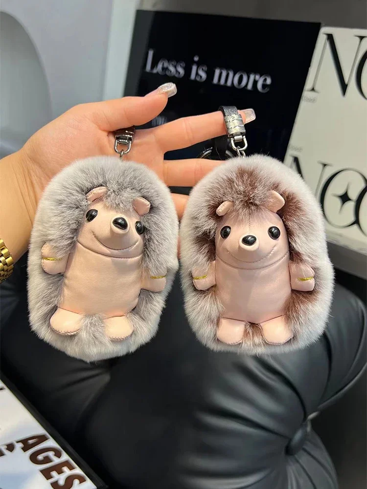 

Cute Hedgehog Real Rex Rabbit Fur Key Chains Plush Toy Pendant Kids School Bag Hanging Ornaments Women Car Keyring Trinkets Gift