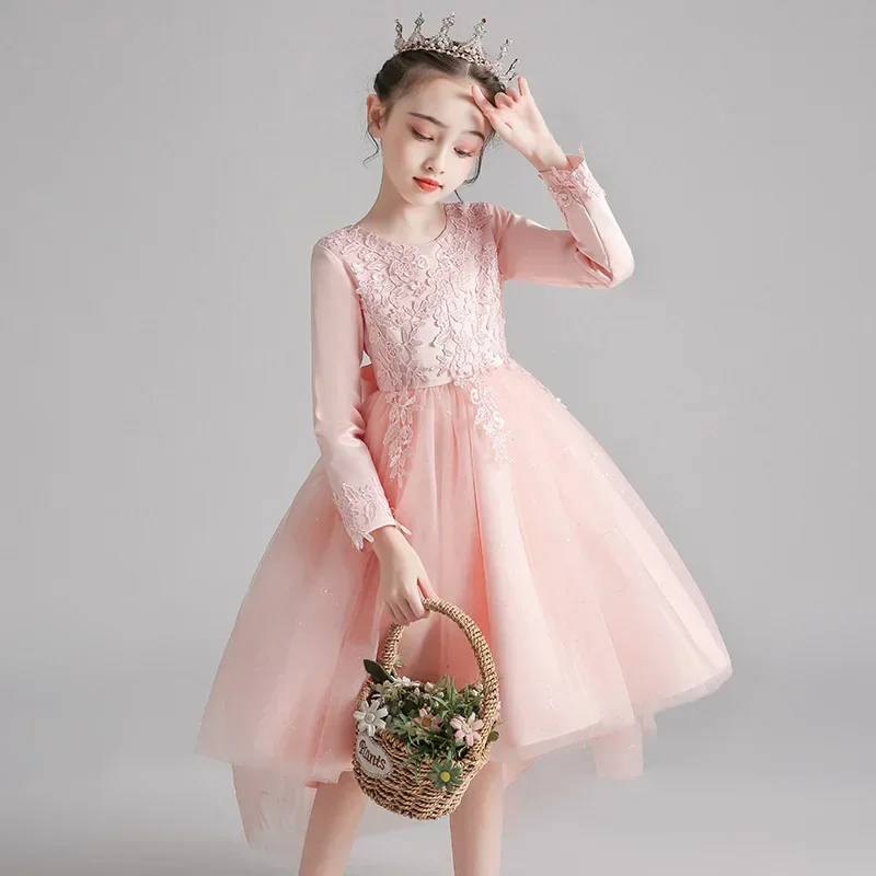 

Новинка весны 2023, платье для детей, вечернее платье для выступления на пианино со шлейфом для девочек, элегантное платье принцессы с длинным рукавом, Summ