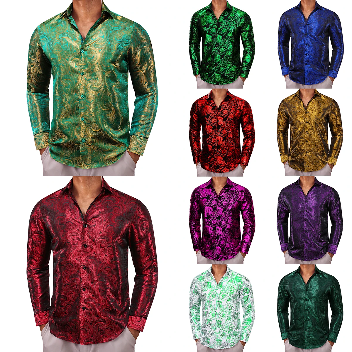 

Роскошные шелковые рубашки для мужчин, синие, красные, черные, зеленые, фиолетовые, золотые облегающие мужские блузки с длинным рукавом, Повседневные Дышащие топы, Barry Wang
