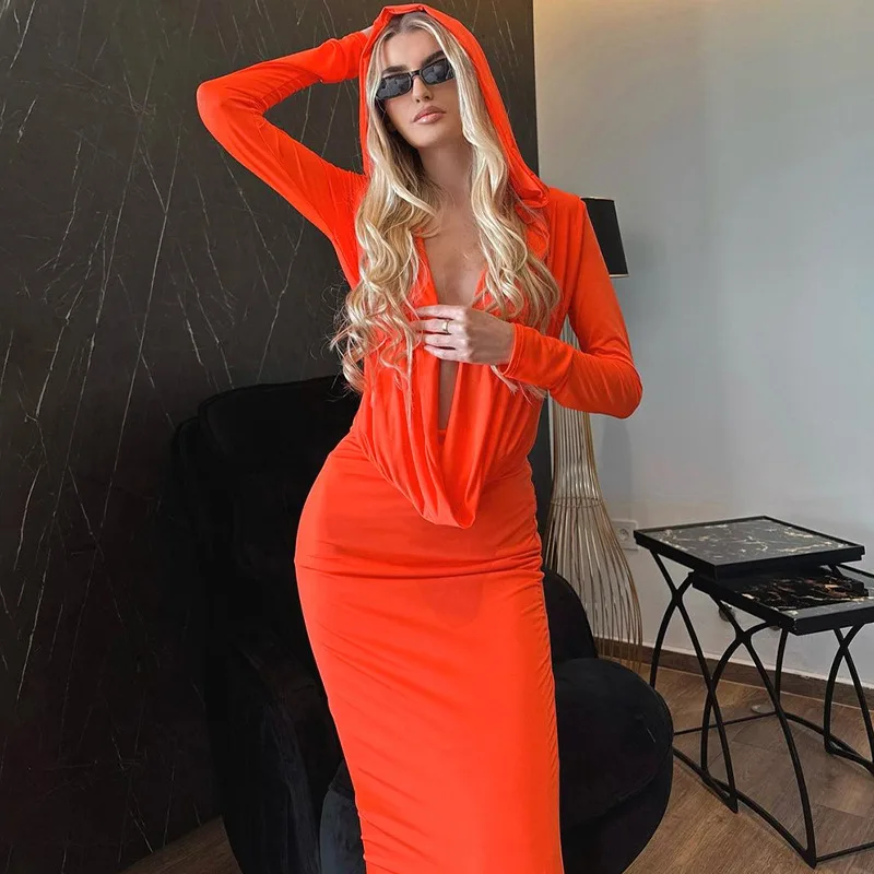 Evening Party Outfits 2023 Orange Hooded Maxi Dresses for Women Autumn Elegant Long Sleeve Deep V-Neck Bodycon Party Dress
Evening Party Outfits 2023 Orange Hooded Maxi Dresses for Women Autumn Elegant Long Sleeve Deep V-Neck Bodycon Party Dress