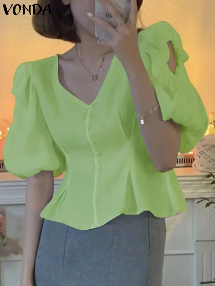 VONDA Women Tunic Fashion Blouses 2023 Summer Casual Solid Color Shirts Buttons V-Neck Short Sleeve Hollow Out Tops Blusas Mujer 
VONDA Women Tunic Fashion Blouses 2023 Summer Casual Solid Color Shirts Buttons V-Neck Short Sleeve Hollow Out Tops Blusas Mujer