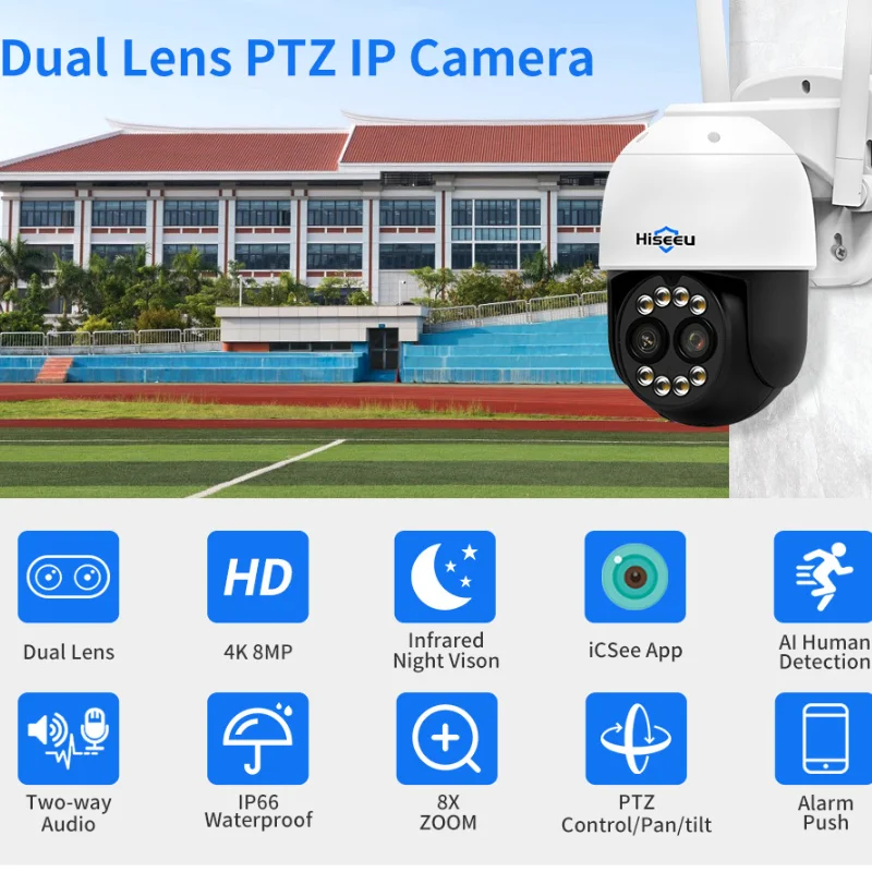 Hiseeu 4MP Dual Lens PTZ Wifi IP Camera 8X Zoom Outdoor HD Full Color Night Vision Human Detection Video Surveillance Cameras
Hiseeu 4MP Dual Lens PTZ Wifi IP Camera 8X Zoom Outdoor HD Full Color Night Vision Human Detection Video Surveillance Cameras
