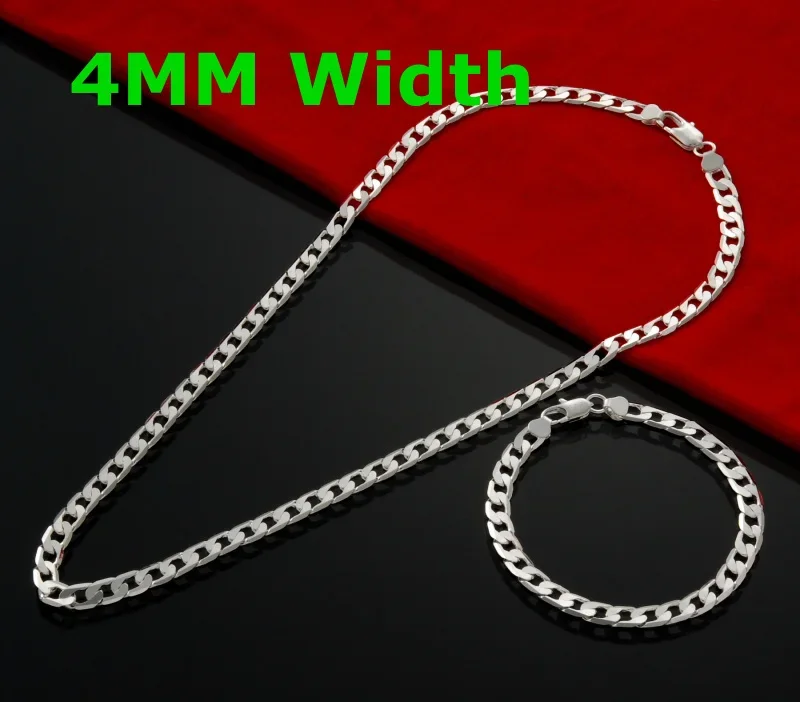 

Hot 925 Sterling Silver 4MM Flat Sideways Chain Bracelet Necklace Set for Women Man Fashion Party Wedding Jewelry Gifts