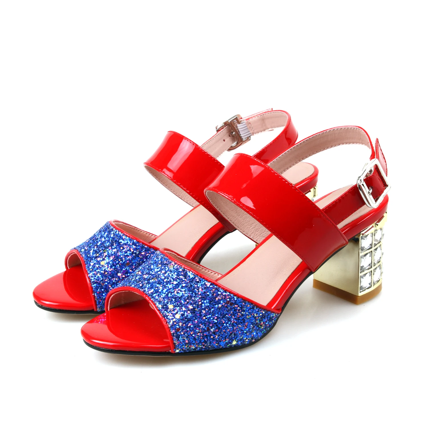 New Fashion Red&Blue Contrast Cowhide Thick Heel Women's Sandals CK Women's Shoes with Diamond Flash For Wedding Date Party
New Fashion Red&Blue Contrast Cowhide Thick Heel Women's Sandals CK Women's Shoes with Diamond Flash For Wedding Date Party