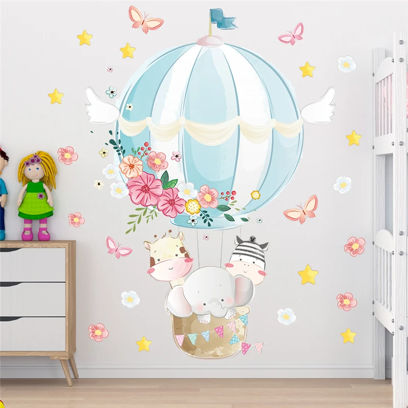

Счастливый Слон корова бабочка воздушный шар Наклейка на стену для украшения дома Мультяшные животные роспись искусство Дети Спальня наклейки ПВХ постер