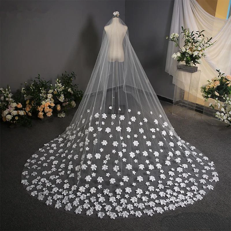 

White 3.8m Cut Edge Cathedral Length Wedding Veil Long Velos De Noiva 1 Tier Applique Bridal Veil with Comb