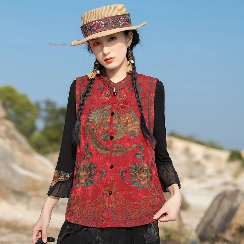

2024 chinese vintage waistcoat traditional stand collar folk vest national flower embroidery sleeveless jacket retro hanfu tops