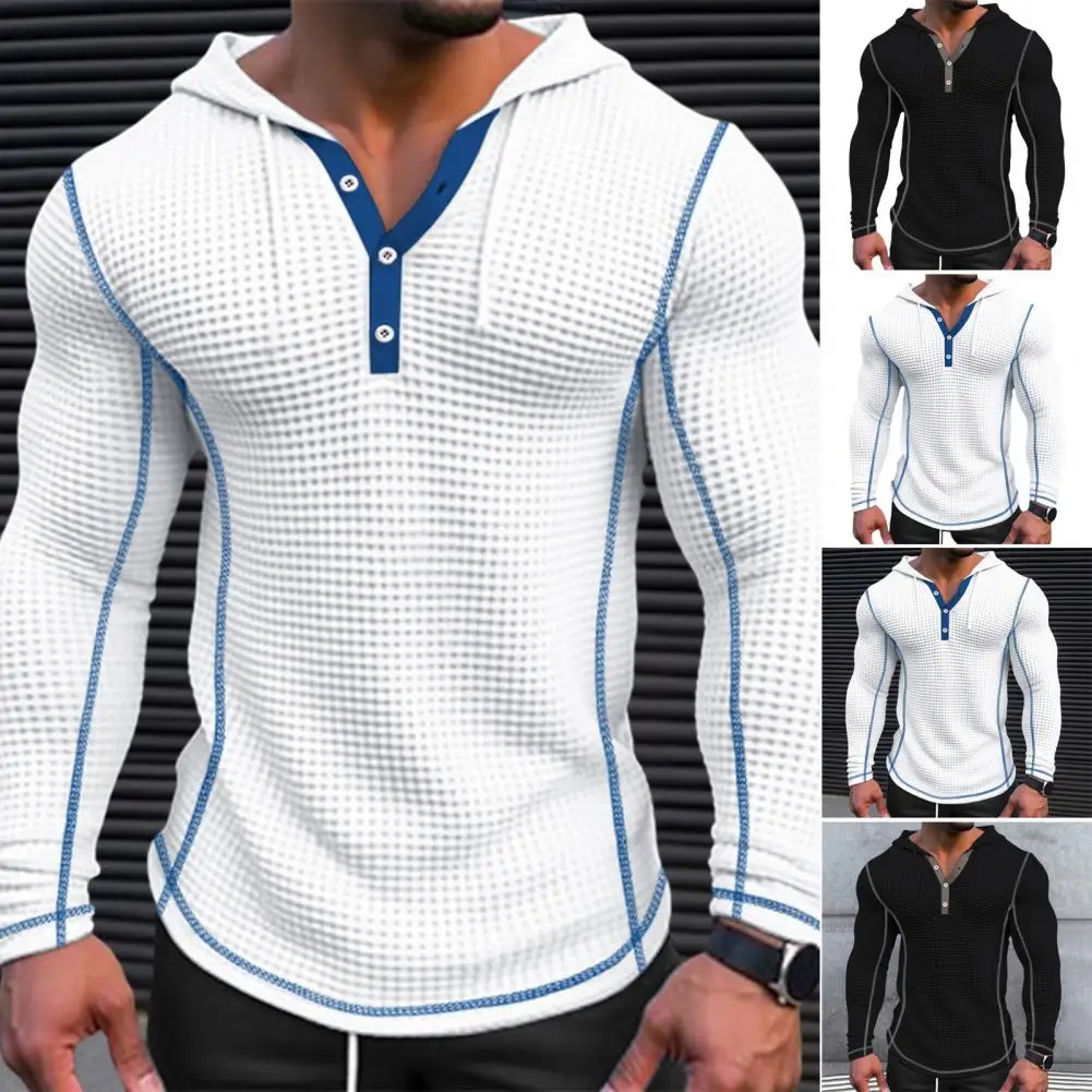 

Solid Color Long Sleeve Top Men's Stylish Slim Fit Waffle Cotton Hoodie with Button Closing Breathable Casual for Fashionable