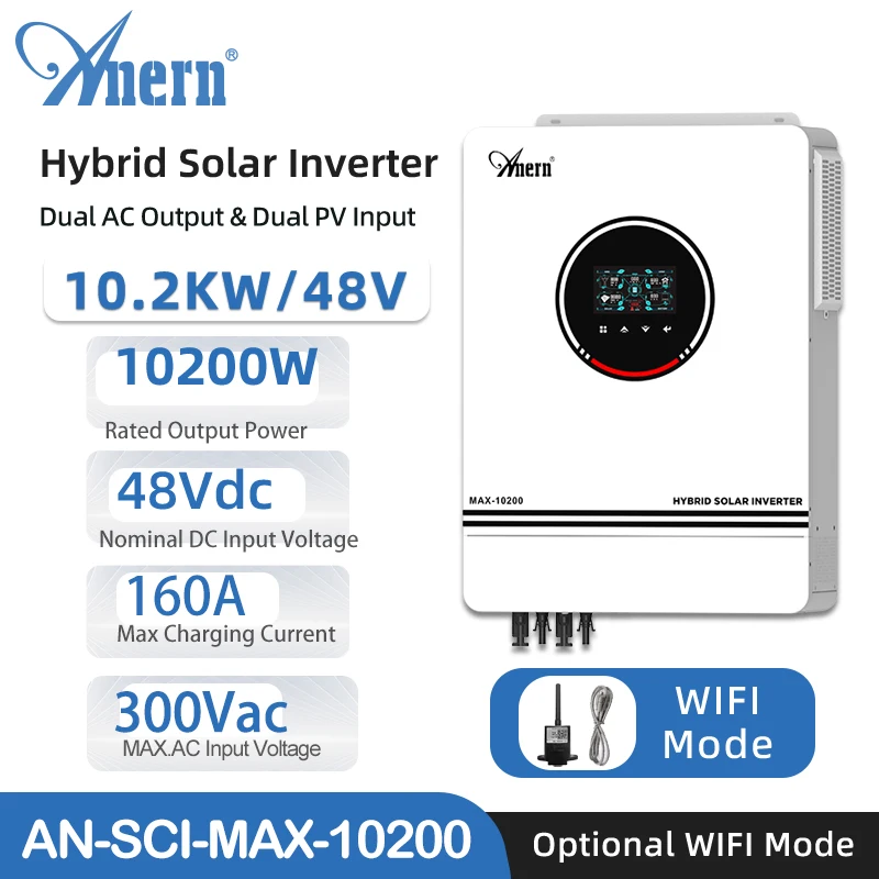 

Anern Hybrid Solar Inverter 10.2KW 8.2KW 48V 220V 230V 240V Off-grid Sine Wave Dual Input Output Built-in MPPT 160A