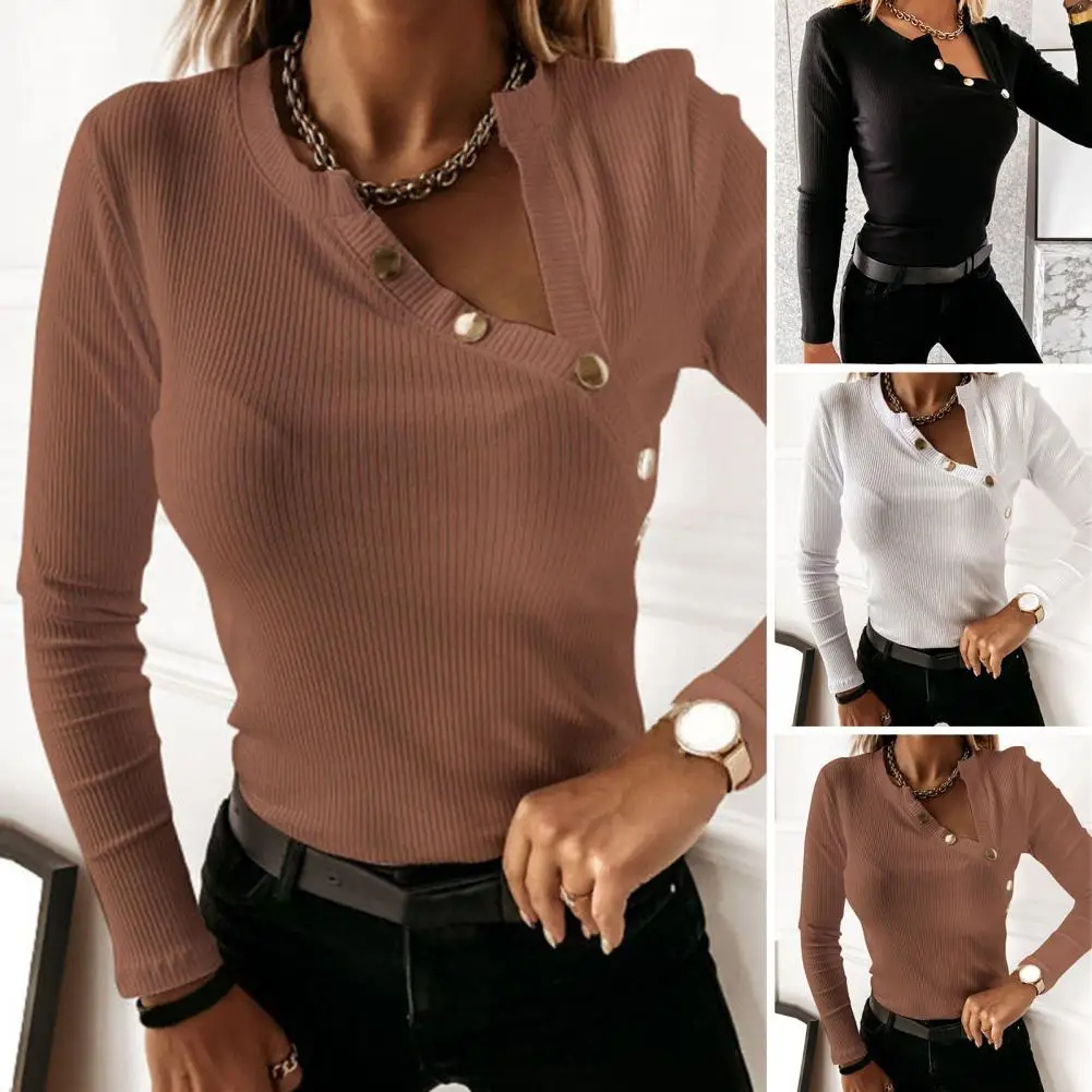 

Button Decor Ribbed Top Spring Women Skew Collar Blouse Long Sleeve Solid Color Ribbed Pullover Tops Streetwear Casual Y2K Tops