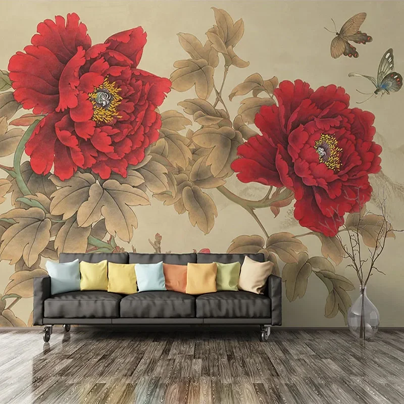 

Custom Mural Classical Red Peony Wall Decor Painting Study Living Room Bedroom Photo Backdrop 3D Wallpaper Flower Papel De Pared