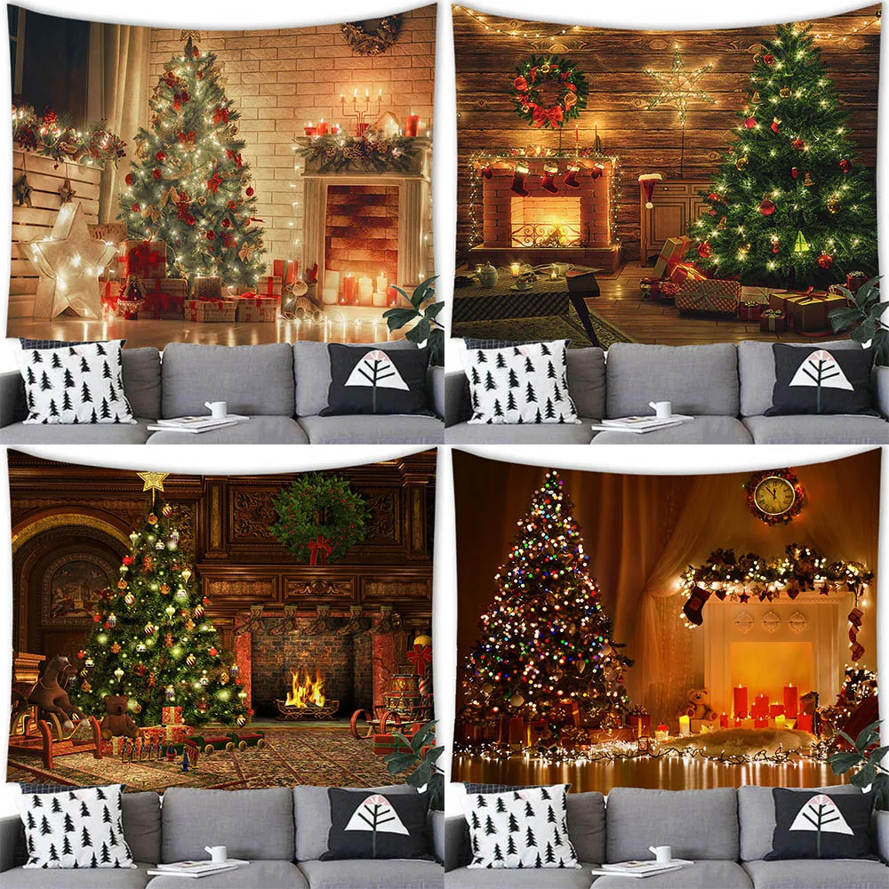 

Merry Christmas tree fireplace printed pattern tapestry home living room bedroom background wall decoration