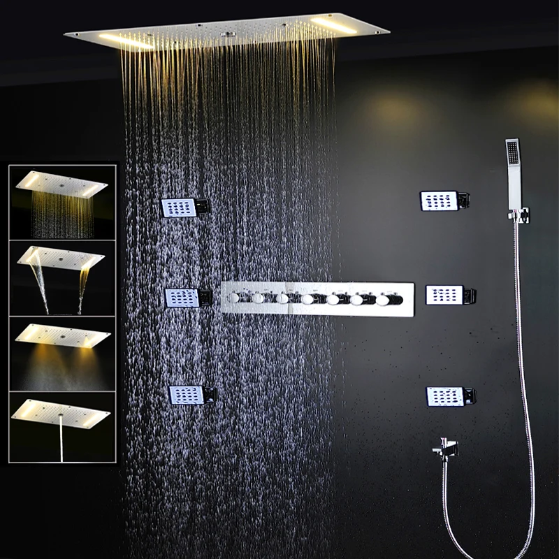 

hm High Quality Bathroom LED Shower Set 380x700mm Rainfall Waterfall Massage ShowerHead Panel 5ways Thermostatic Mixer System