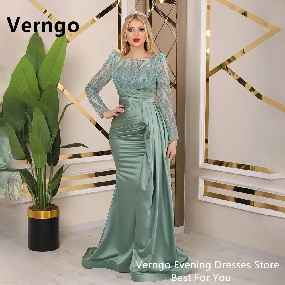 

Verngo Green/Blue Applique Evening Dresses Saudi Arabic Mermaid Prom Dresses Dubai Long Sleeves Draped Train Prom Gown For Women