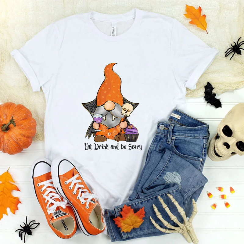 

(Premium T-shirt)Halloween Gnome Eat Drink Be Scary Printing T-Shirt Women Tees Round Neck T-Shirt