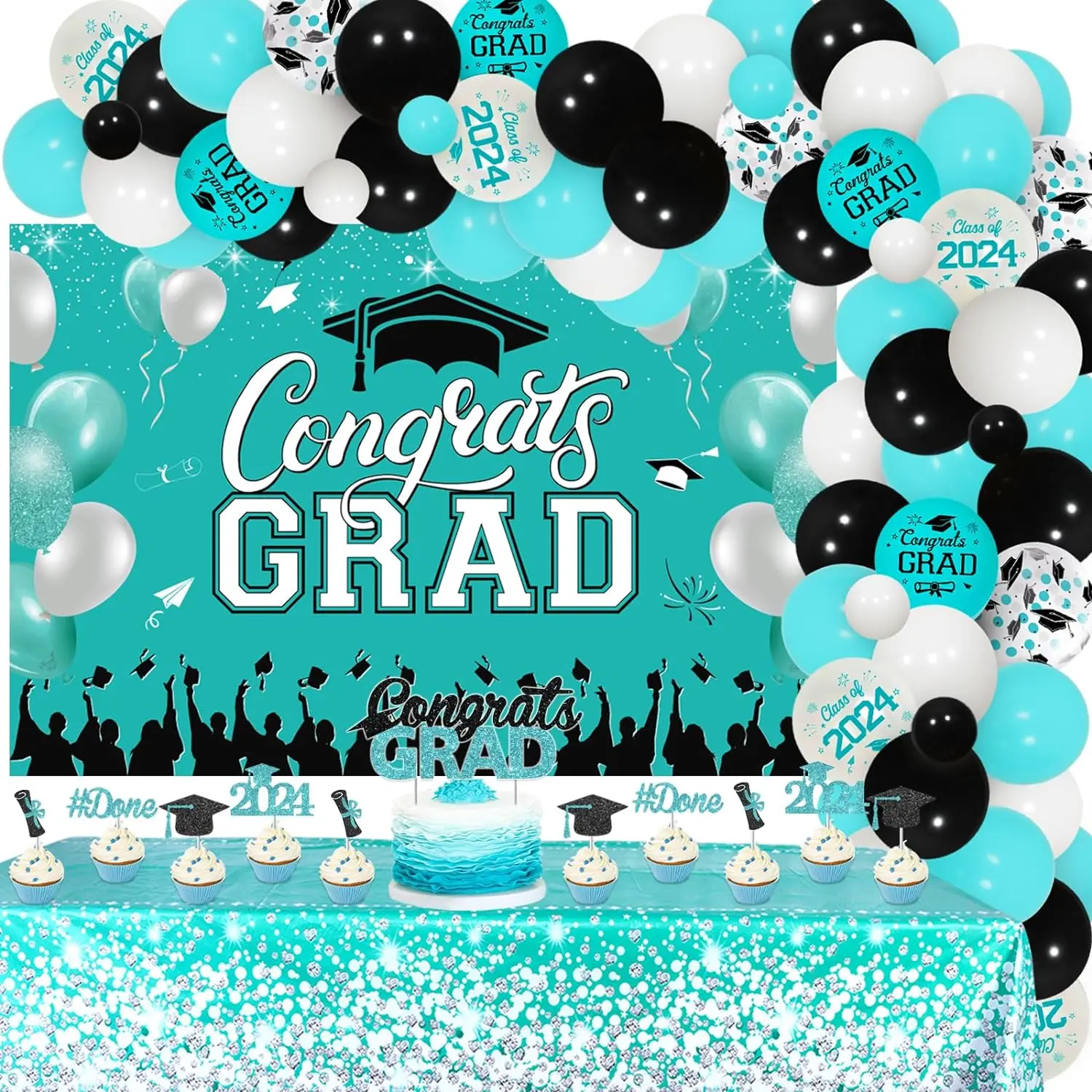 

Teal Graduation Party Decor Congrats Grad Backdrop Banner Balloon Garland Tablecloth Cake Topper Class of 2024 Graduation Decor