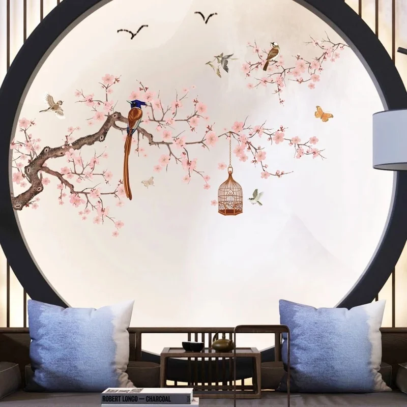 

Chinese Style Flower Bird Illustration Wall Sticker Living Room Sofa Background Decor Decals Wallpaper Home Decoration Stickers