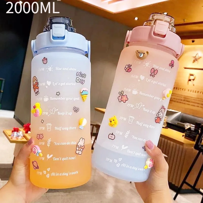 

2L Water Bottle Time Marker Portable Large-Capacity Leak-Proof BPA Frosted Cup for Outdoor Sports Drinking Bottle with Straw
