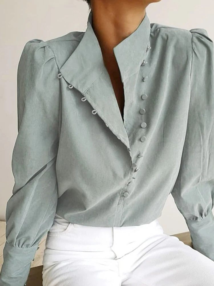 

Элегантная блузка с высоким воротником, белая рубашка с длинным рукавом, офисный женский топ, Повседневная однобортная женская блузка с пышными рукавами