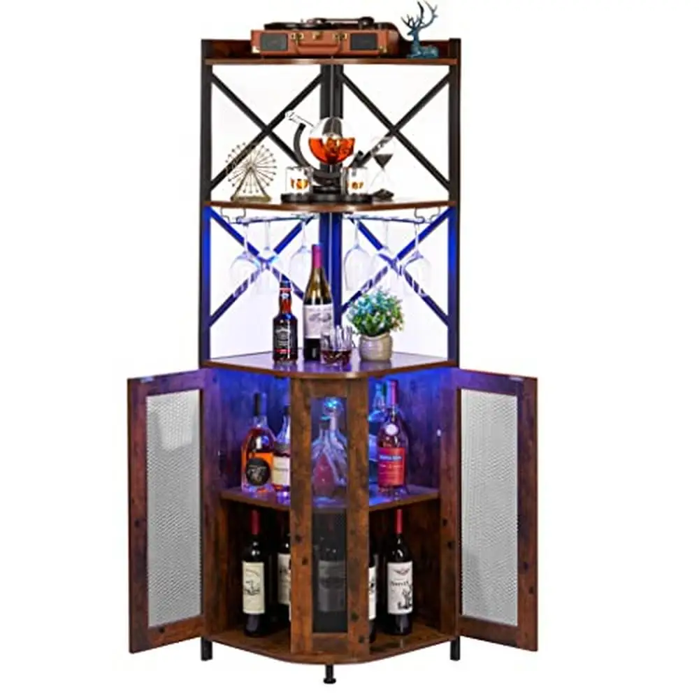 

5-ярусный зеркальный винный шкаф с подставкой и регулируемой полкой, мебель для домашнего бара с RGB-подсветкой и металлической рамой