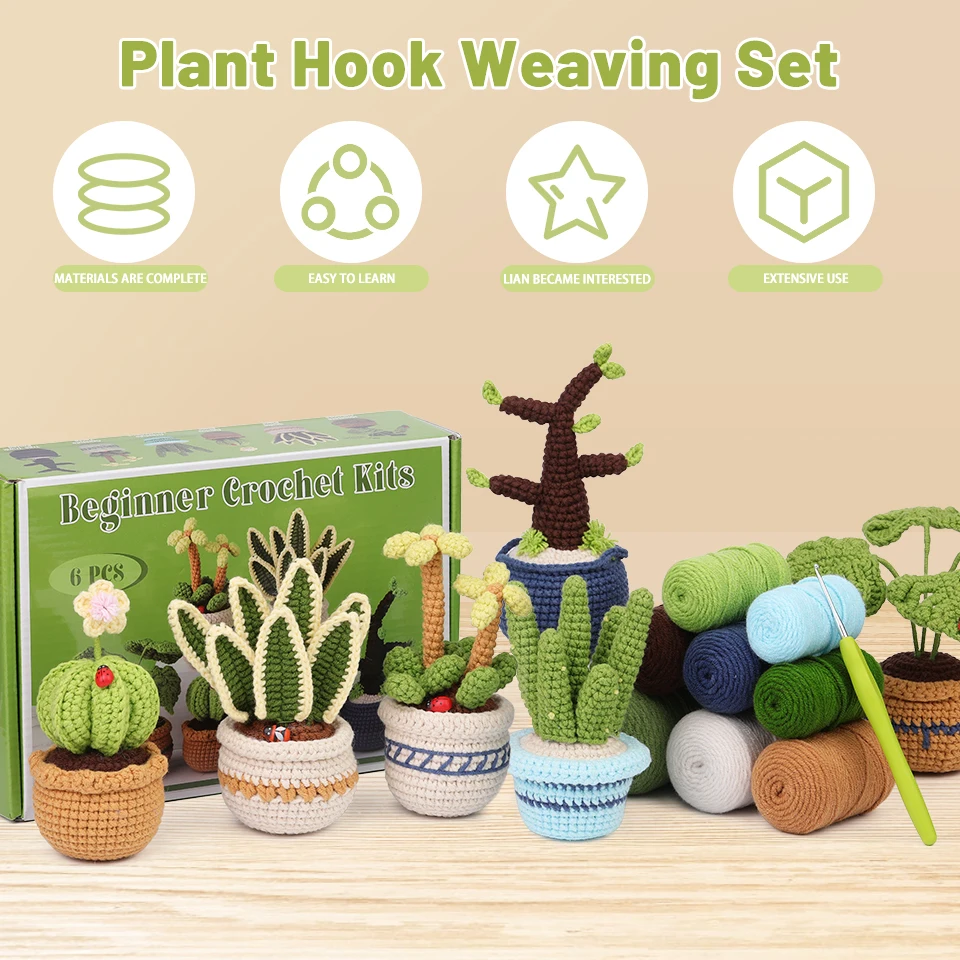 KRABALL 6PCS Succulents Plants Crochet Set With Cotton Yarn Thread And Instruction For Beginners DIY Handmade Craft Accessories KRABALL 6PCS Succulents Plants Crochet Set With Cotton Yarn Thread And Instruction For Beginners DIY Handmade Craft Accessories