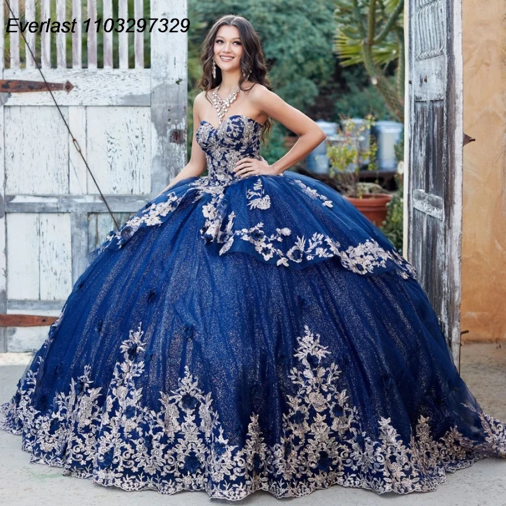 

EVLAST Navy Blue Quinceanera Dress Ball Gown Gold Lace Applique Beading Tiered Corset Sweet 16 Vestidos De XV 15 Anos TQD637