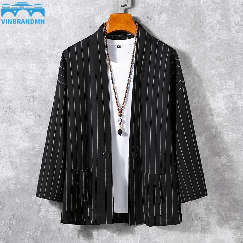 

Vinbrandmn Men's Chinese Coat Loose Kimono Cardigan Jacket Retro Hanfu Men's Striped Linen Jacket Casual Fashion Street Style