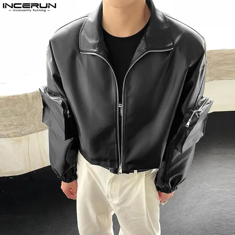 

INCERUN Tops 2023 Autumn Winter Handsome Men's Zipper Blazers Locomotive Wind Pocket Solid Leather Long Sleeved Suit Coats S-5XL