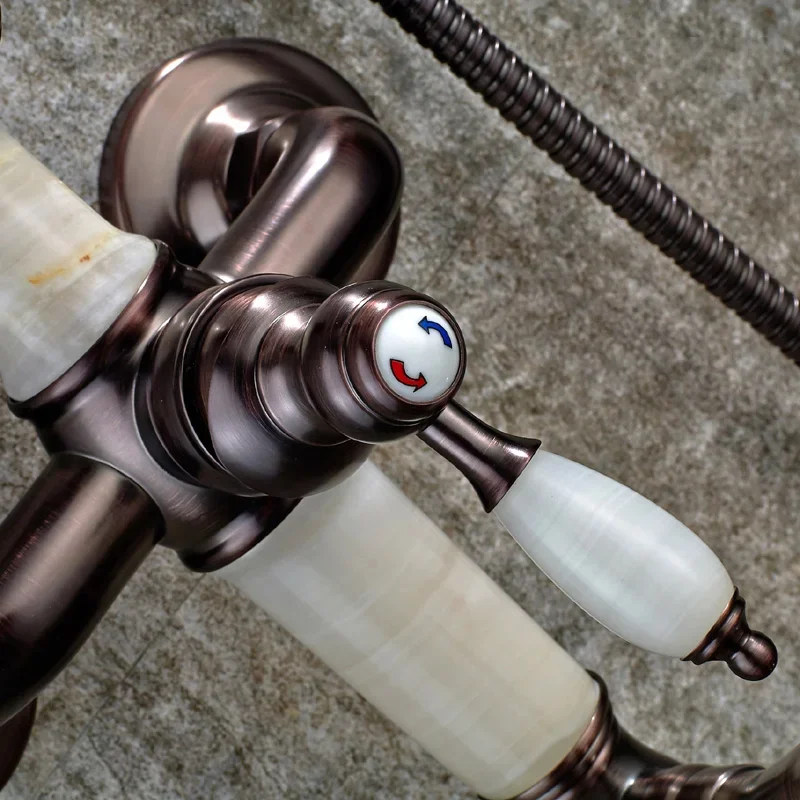 

Shower Faucets Brass Luxury Jade Wall Bath Faucet Set Round Rainfall Shower Head Hand Spray Slide Bar Tub Mixer Tap SM