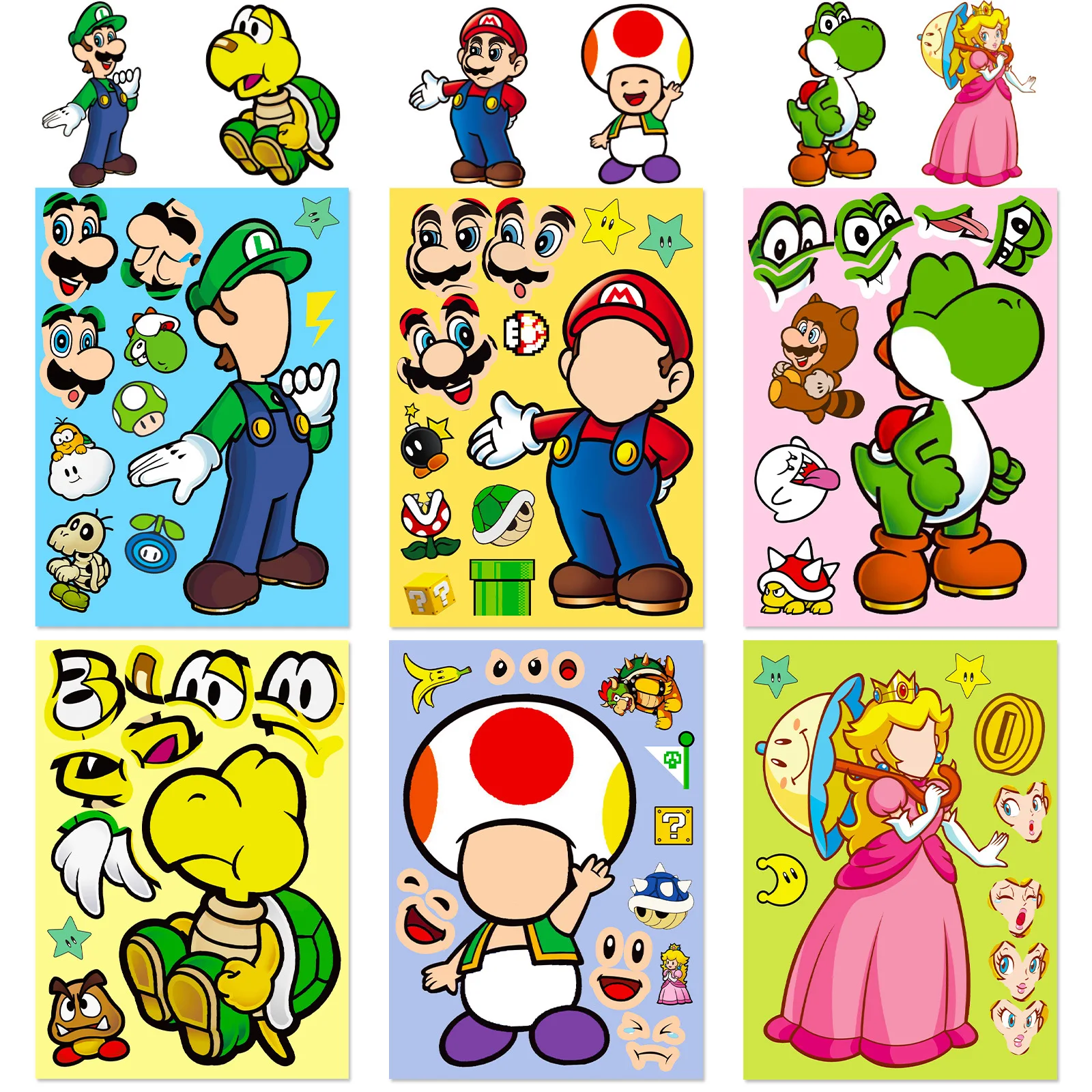 

Hot Selling 6 Pieces/pack Super Mario Face Changing DIY Puzzle Stickers Super Mario Parent-child Interactive Puzzle Stickers