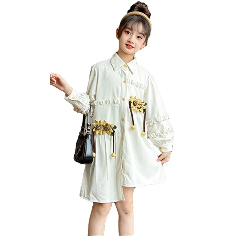 

Teenage Girls Long Style Shirt Dresses with Sunflower Clothes Ruched Fashion Irregular Design Autumn Blouses 100% Cotton Costume